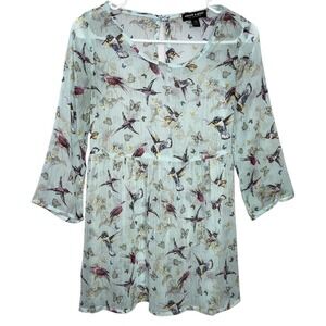 About A Girl Los Angeles Women's XS Sheer Bird‎ Butterfly Print Tunic Top Fairy